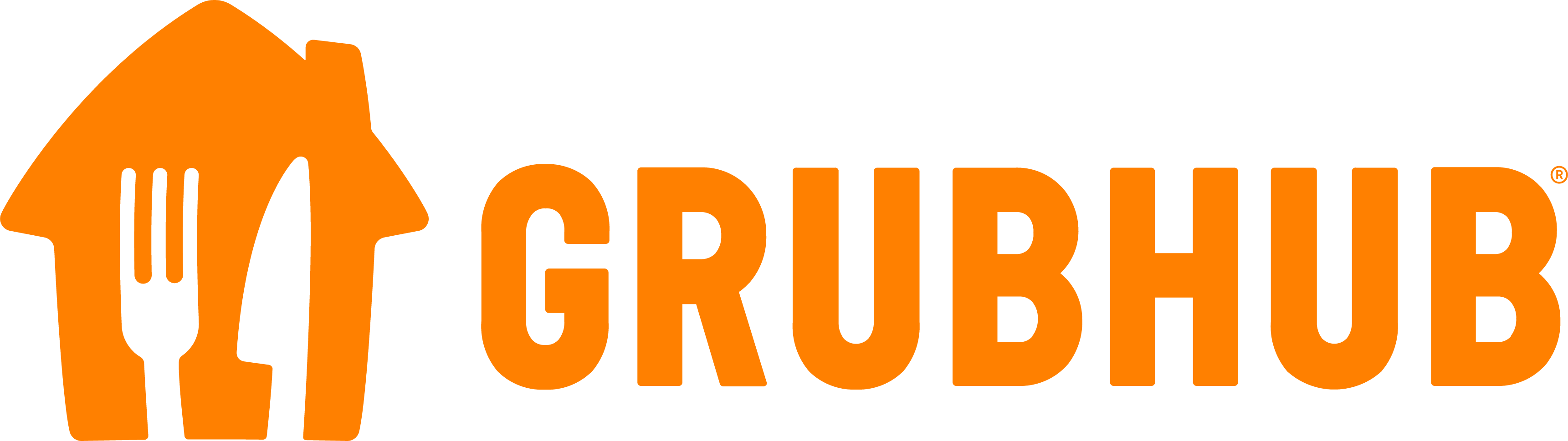 Orange Grubhub logo featuring a house silhouette with a fork and knife inside, next to the word "GRUBHUB" in bold, uppercase letters.