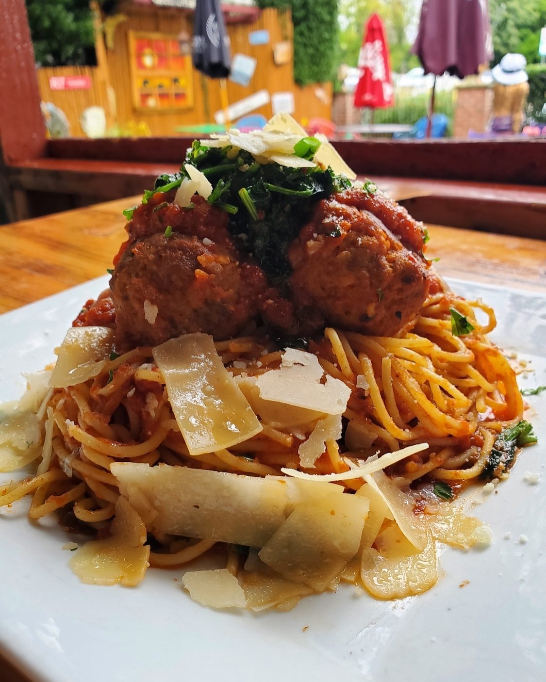 A plate with spaghetti and meatballs on it.