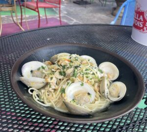 A bowl of spaghetti with clams on it.